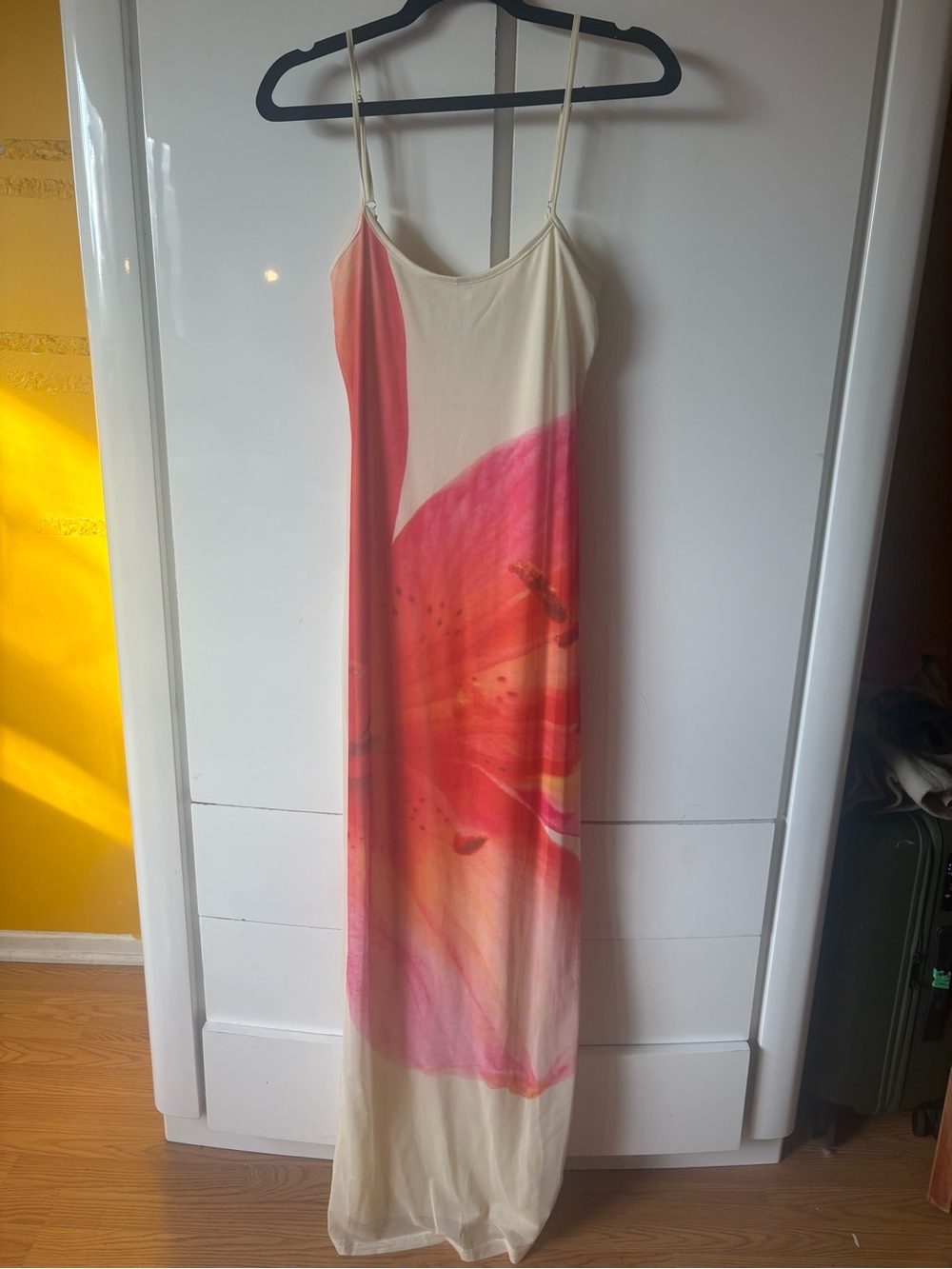 Peppermayo Cream Maxi Dress with Pink-Red Floral Print
